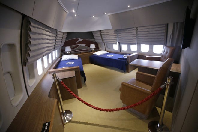 In this Monday, Sept. 18, 2017 photo the presidential bedroom suit is seen in the "Air Force One Experience," a full-sized 747 replica of Air Force One which is now open to the public in North Kingstown, R.I. (AP Photo/Stephan Savoia)