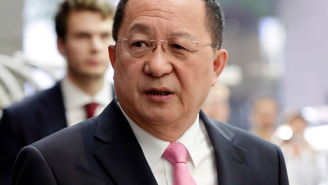 North Korea’s Foreign Minister Ri Yong Ho speaks outside the U.N. Plaza Hotel, in New York, Monday, Sept. 25, 2017. (AP Photo/Richard Drew)