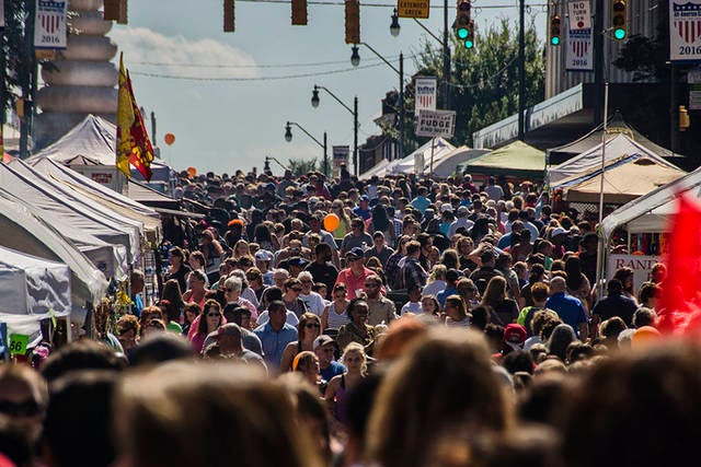 NOW THAT’S A FESTIVAL — A crowd fills Fayetteville Street, at Sunset Avenue, during the 44th Annual Asheboro Fall Festival. This year’s event promises to be even bigger and better. (Paul Church/The Courier-Tribune)