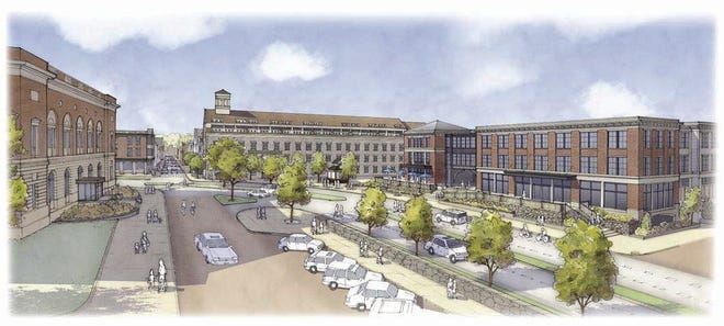 A proposed 84-room hotel, right, is shown in a rendered view from America’s Cup Avenue in Newport. At center is the Perry Mill building and at left is the post office.