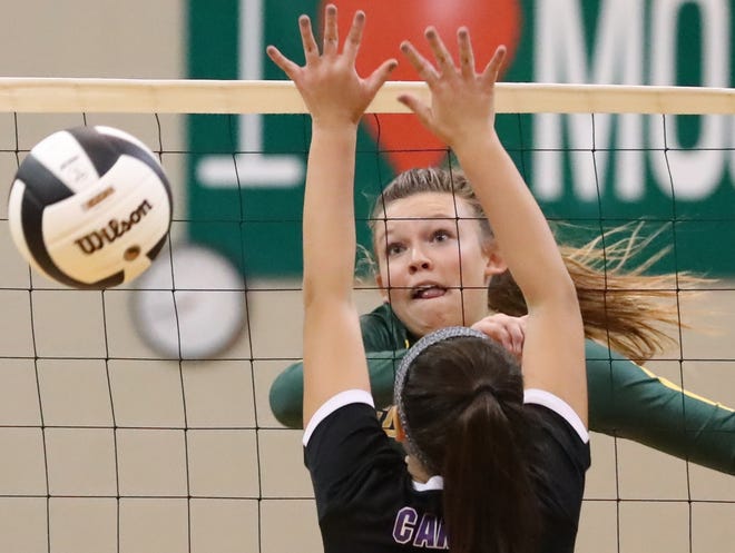 Forest's Kasey Permenter spikes the ball past Gainesville's Melissa Brown during a volleyball match Tuesday at Forest High School in Ocala. [Bruce Ackerman/Staff photographer]