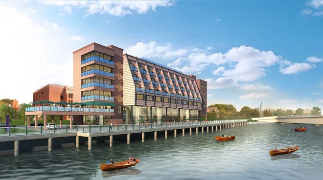 An artist's rendering shows what the proposed hotel along South Water Street in Providence would look like. [Courtesy of Kendall Hotel LLC]