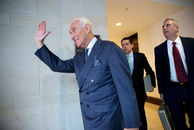 Longtime Donald Trump associate Roger Stone arrives to testify behind closed-doors as part of the House Intelligence Committee's investigation into Russian meddling in the 2016 election, on Capitol Hill in Washington, Tuesday, Sept. 26, 2017. (AP Photo/J. Scott Applewhite)