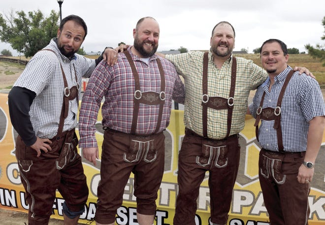 Pueblo West Rotary Club members and Pueblo West Oktoberfest organizers (L-R) Mitch Brown, Andy Blumberg, Jay Pechek and Luke Kita, sport lederhosen to get in the spirit of the 7th Annual Oktoberfest, being held Friday and Saturday at Civic Center Park in Pueblo West.