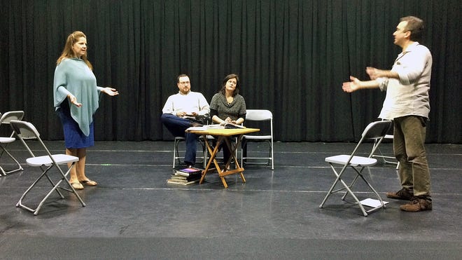 Cast members Hallie Wetzell (Veronica), Greg Leach (Michael), Kellie Stamp (Annette), and Nick Paone (Alan) are pictured, left to right, in this rehearsal photo for FPAC's upcoming production of God of Carnage. FPAC presents three performances of Yazmin Reza's Tony Award-winning play this weekend, September 29-October 1, at THE BLACK BOX. [COURTESY PHOTO]