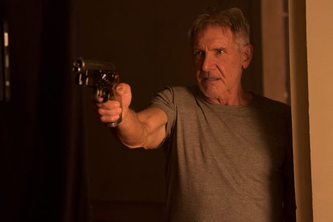 Deckard (Harrison Ford) keeps his guard up in “Blade Runner 2049.” [Stephen Vaughan]