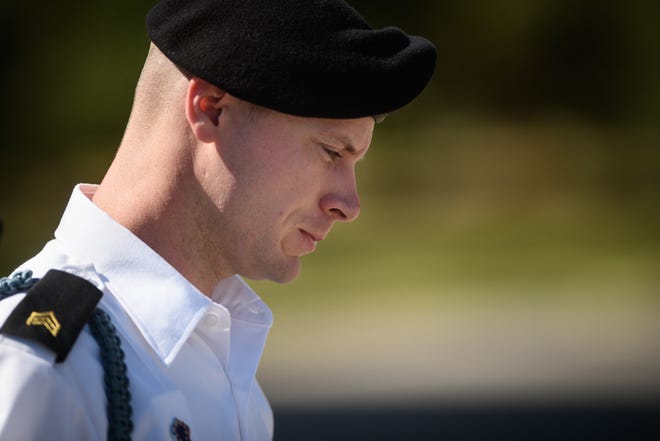 Sgt. Bowe Bergdahl leaves a motions hearing during a lunch break on Wednesday on Fort Bragg. Bergdahl, who walked off his base in Afghanistan in 2009 and was held by the Taliban for five years, is charged with desertion and misbehavior before the enemy. [Andrew Craft/The Fayetteville Observer]