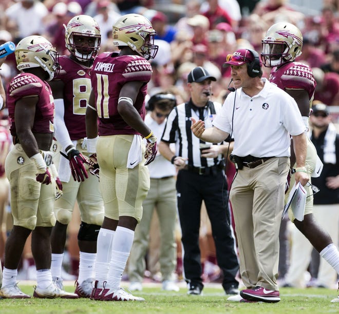 Florida State head coach Jimbo Fisher reacts during a timeout in the second half of an NCAA college football game against North Carolina State in Tallahassee Saturday. [MARK WALLHEISER | AP PHOTO]