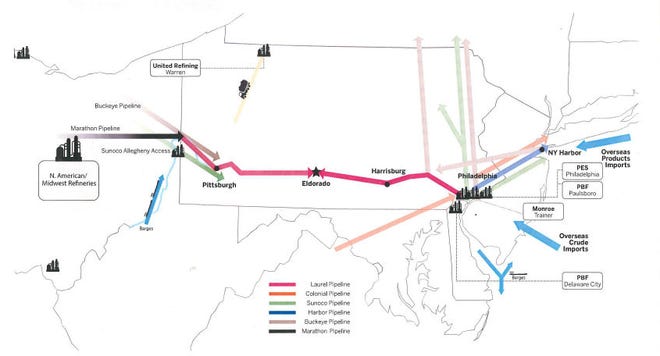 Buckeye Partners wants to reverse the flow of its Laurel Pipeline, whose route is shown here, at its Eldorado terminal near Altoona so it can bring fuel to western Pennsylvania from the Midwest instead of near Philadelphia.