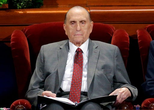 FILE - This April 1, 2017 file photo shows Thomas M. Monson, president of the Church of Jesus Christ of Latter-day Saints, at the two-day Mormon church conference in Salt Lake City. Monson won't attend this weekend's church conference in Salt Lake City due to his ailing health--church authorities confirmed Thursday, Sept. 28, 2017, that the 90-year-old Monson will miss the twice-yearly conference and referred to church's May, 2017, statement that Monson is no longer coming to meetings at church offices regularly because of limitations related to his age.(AP Photo/Rick Bowmer, File)