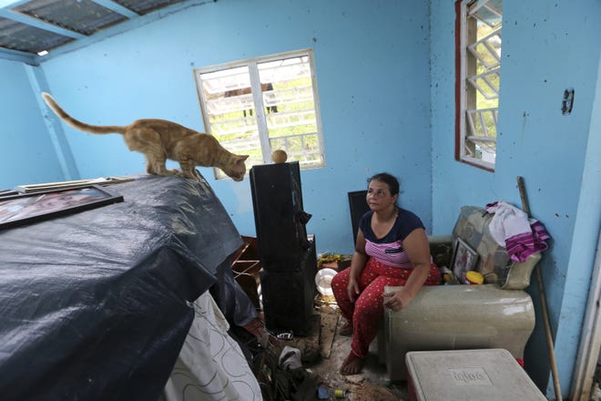 In this Tuesday, Sept. 26, 2017 photo, Maribel Valentin Espino sits in her hurricane-destroyed home in Montebello, Puerto Rico. Espino and her husband say they have not seen anyone from the Puerto Rican government, much less the Federal Emergency Management Agency, since the storm tore up the island. [AP Photo/Gerald Herbert]