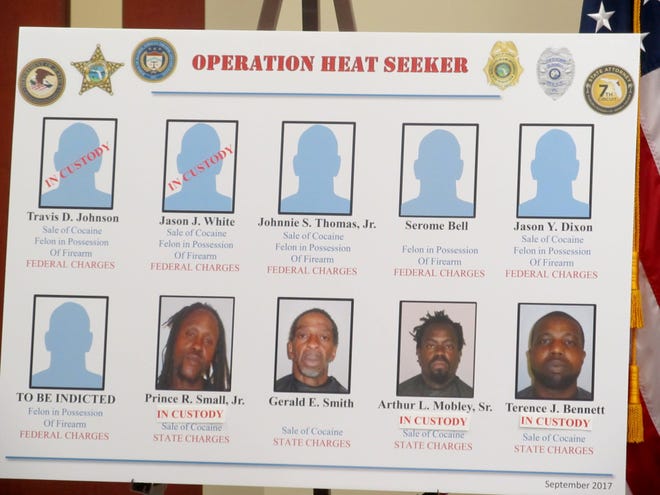 Nine men face charges and one other is expected to be indicted as part of a four-month, multi-agency weapons and drugs operation that targeted "career criminals" in Flagler County. Five of the suspects were taken into custody during a roundup Thursday. Six of them will likely face federal charges. [News-Journal/Matt Bruce]