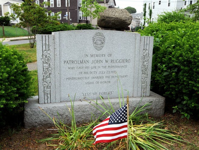 The Officer John. W. Ruggiero memorial monument at Rolling Rock Green in Fall River.