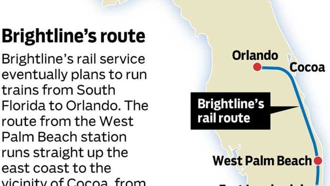 All Aboard Florida’s Brightline rail service eventually plans to run five trains from South Florida to Orlando. The route from the West Palm Beach station runs straight up the east coast to the vicinity of Cocoa Beach, from where it then heads due west to Orlando.
