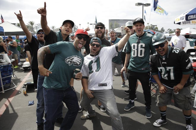 Philadelphia Eagles fans react before an NFL football game against the Los Angeles Chargers Sunday, Oct. 1, 2017, in Carson, Calif. (AP Photo/Jae C. Hong)