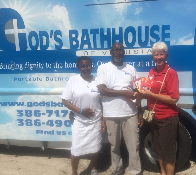 American Legion Auxiliary Unit 285 Edgewater member Sharon East donated gas cards to God's Bathhouse. God's Bathhouse provides shower facilities for the homeless in New Smyrna Beach and DeLand. Pictured from left are Elizabeth Glass, Elgia Glass and Sharon East from ALA Unit 285. [Photo provided]