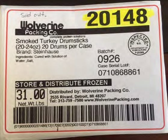 Turkey drumsticks shipped to Michigan with this label have been recalled for containing milk, a known allergen. [Courtesy/United States Department of Agriculture]