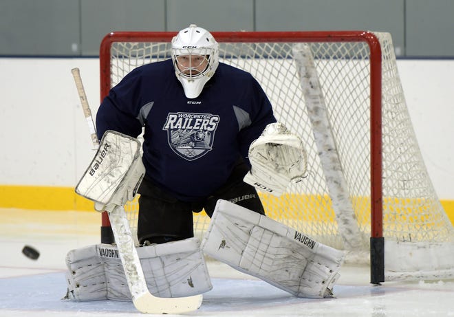 Railers goalie Joe Fallon makes a save during the team's first practice on Monday at the Worcester Ice Center. [T&G Staff/Rick Cinclair]