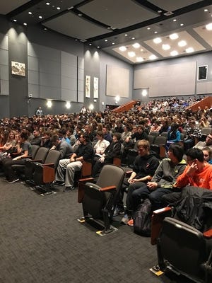 Students at Woburn Memorial High School listen to Jeff Allison and his first-hand account dealing with substance abuse. [Courtesy Photo]