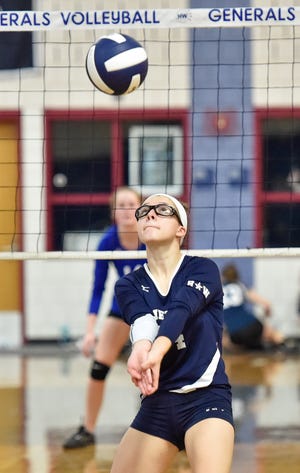 Hamilton-Wenham volleyball player Jaidin Hartley-Ward sets up the ball during their game against Georgetown at Hamilton-Wenham High School, Wednesday, Sept. 27, 2017. [Wicked Local Staff Photo / David Sokol]
