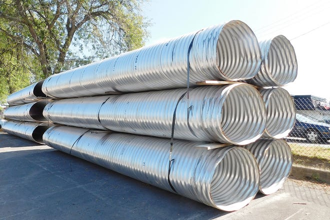 The village of Herkimer has plans to start its Bellinger Street drainage project soon, after the near completion of the North Washington Street sidewalk and paving project. Pictured are the 36 inch pipes that will be used for the Bellinger Street project. [STEPHANIE SORRELL-WHITE/TIMES TELEGRAM]