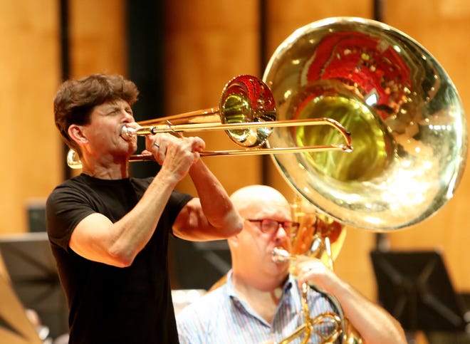 New Orleans trombonist Harry Watters and tuba player Patrick Sheridan play a little improvised jazz Tuesday, Oct. 3, 2017, during the University of Arkansas at Fort Smith Octubafest Masterclass in the ArcBest Corporation Performing Arts Center. The duo will be joining the UAFS Symphonic Band on Wednesday at 7:30 p.m. on stage for the Season of Entertainment concert at the ArcBest Corporation Performing Arts Center in the Fort Smith Convention Center. [JAMIE MITCHELL/TIMES RECORD]