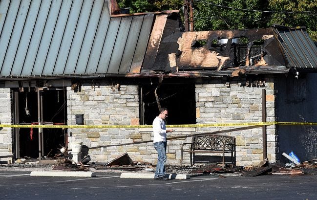 An early morning fire on Thursday, Oct. 5, 2017 left Spatola's Pizza in New Britain Township ruined. [Art Gentile / photojournalist]