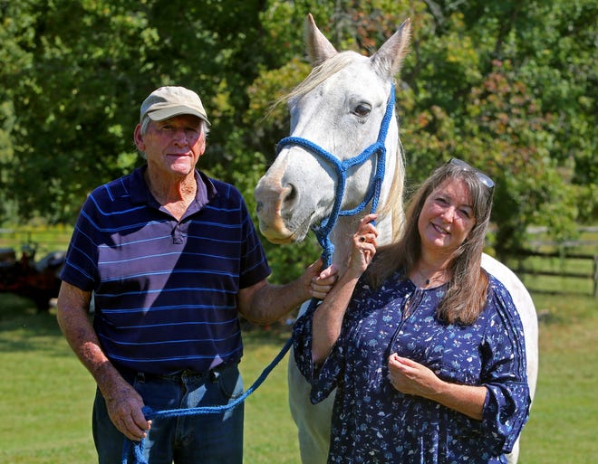 Harold and Debi Metcalf spend time with Montana at their home in Shelby. Montana is the daughter of the late Idaho, whose search and recovery sparked the creation of Netposse and Stolen Horse International. The nonprofit is celebrating its 20th year of locating and returning lost horses home. [Brittany Randolph/The Star]