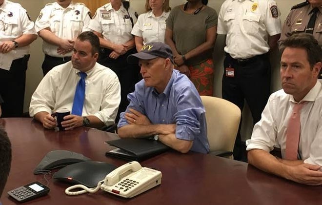 Governor Rick Scott joined Pensacola Mayor Ashton Hayward Friday at the Escambia County Emergency Operations Center to be briefed by local emergency management officials and to give an update on Tropical Storm Nate. Yesterday, Governor Scott declared a state of emergency in 29 counties within the State of Florida this week to assist in preparing for the storm. [GOVERNOR'S OFFICE / PROVIDED]