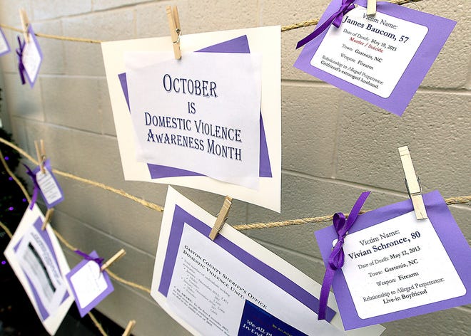 A display inside the front door to the Gaston County Sheriff's Office is setup to to remember some of the victims of domestic violence. October is domestic violence awareness month. JOHN CLARK/THE GASTON GAZETTE]