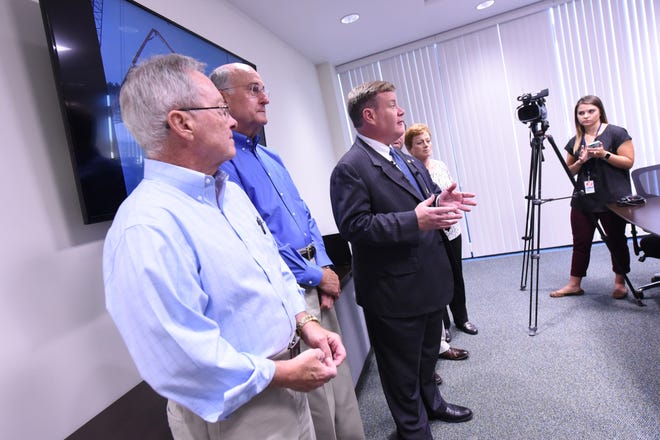 N.C. House Speaker Tim Moore talks to members of the media after a tour of the Brunswick County's Northwest Water Treatment Plant on Wednesday, Sept. 13, 2017 in Leland N.C. [KEN BLEVINS/STARNEWS]