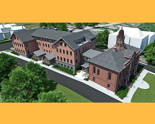 Aerial view of entire Town Hall complex including restored 1820 Courthouse. [Courtesy Photo]