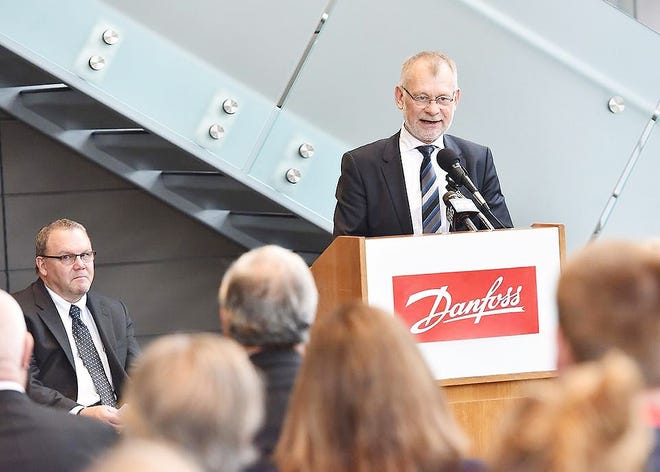 Claus Petersen, President of European Committee of Manufacturers of Electrical Machines and Power Electronics with Danfoss Silicon Power, speaks Monday at the Quad-C facility at SUNY Polytechnic Institute in Marcy. [SARAH CONDON/OBSERVER-DISPATCH]