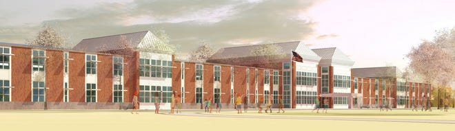 A rendering of the proposed Grades 5-12 Westport school shows the new facade approved by the School Building Committee.
