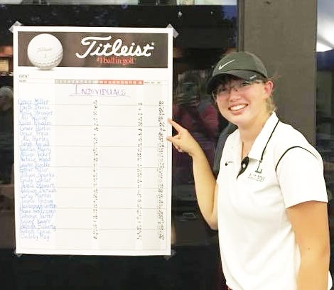 LCHS senior Ali Wilson points to her score of 89 after learning she was headed to play at State. [Photo from the We Are Railer National Facebook page]