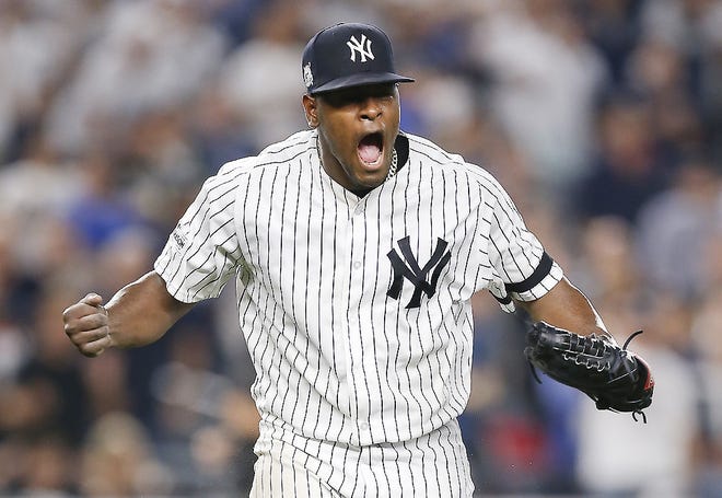 New York Yankees pitcher Luis Severino reacts at the end of the top of the seventh inning against the Cleveland Indians in Game 4 of baseball's American League Division Series Monday in New York. [KATHY WILLENS/ASSOCIATED PRESS]