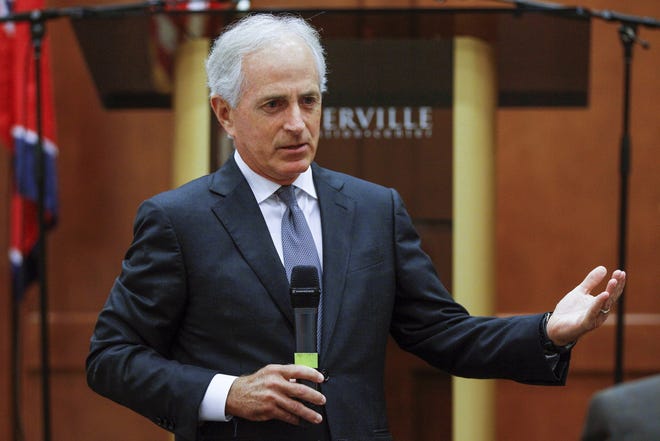 In this Aug. 16, 2017, file photo, Sen. Bob Corker, R-Tenn., speaks to the Sevier County Chamber of Commerce in Sevierville, Tenn. Always one to speak his mind, CorkerþÄôs new free agent status should make President Donald Trump and the GOP very nervous. The two-term Tennessee Republican isnþÄôt seeking re-election. And that gives him even more elbow room to say what he wants and vote how he pleases over the next 15 months as Trump and the partyþÄôs top leaders on Capitol Hill struggle to get their agenda on track (AP Photo/Erik Schelzig, File)