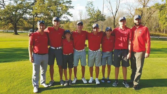 Pekin boys golf coach Brett McGinnis (left) and assistant coach Jeremy Crouch (right) celebrate the Dragons qualifying for the Class 3A state tournament with golfers (from left) Justin Taphorn, Mason Minkel, Jack Halstead, Mason Ghidina, Cooper Theleritis and Jacob Hill. SUBMITTED PHOTO