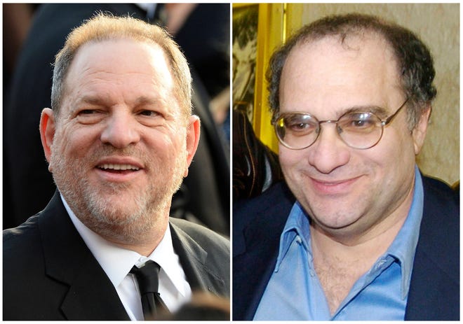 This combination photo shows Harvey Weinstein arrives at the Oscars in Los Angeles on Feb. 28, 2016, left, and his brother Bob Weinstein at the premiere of “Sin City,” in Los Angeles on March 28, 2005. Harvey Weinstein was fired Sunday by the Weinstein Co., the studio he co-founded with his brother Bob, after a bombshell New York Times expose alleged decades of crude sexual behavior on his part toward female employees and actresses. (AP Photo/File)