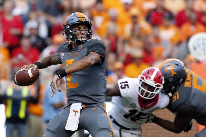Tennessee quarterback Jarrett Guarantano (2) throws in the second half of a game against Georgia on Sept. 30 in Knoxville, Tenn. [AP Photo / Wade Payne, File]