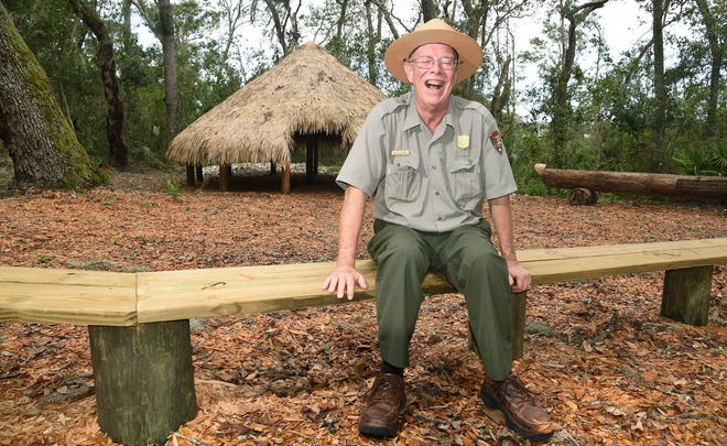 Craig Morris a National Park Ranger at Fort Caroline National Memorial, tells the story of the first time he was bitten by an alligator while sitting in the new Timucuan Village. Morris has been a ranger at Ft. Caroline for 30 years. (Bruce Lipsky/Florida Times-Union) Craig Morris a National Park Ranger at Fort Caroline National Memorial, tells the story of the first time he was bitten by an alligator while sitting in the new Timucuan Village. Morris has been a ranger at Ft. Caroline for 30 years. (Bruce Lipsky/Florida Times-Union)