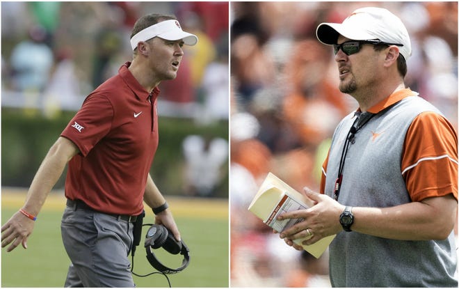 (Left) Oklahoma head coach Lincoln Riley looks on from the sidelines during the second half of an NCAA college football game against Baylor in Waco, Texas, on Sept. 23, 2017. (AP Photo/LM Otero, File) (Right) Texas head coach Tom Herman looks on during the Orange and White spring NCAA college football game in Austin, Texas, on April 15, 2017. (Ricardo B. Brazziell/Austin American-Statesman via AP, File)