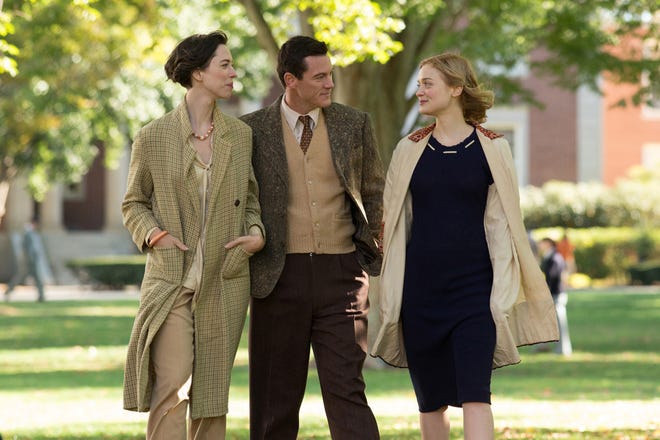 Rebecca Hall as Elizabeth Marston, left; Luke Evans as Dr. William Marston; and Bella Heathcote as Olive Byrne in "Professor Marston & the Wonder Women." [Claire Folger, Annapurna Pictures]