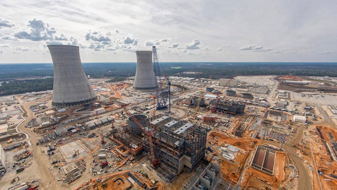 This aerial shot of the site is from January and shows construction in progress on Vogtle, Georgia Power wants to proceed with finishing two new nuclear reactors at Plant Vogtle that will come online in November 2021 and November 2022 at a total cost of $19 billion. (File photo)
