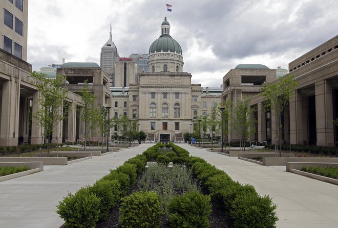 This Friday, May 5, 2017 photo shows the Bicentennial Plaza at the Indiana Statehouse in Indianapolis. (AP Photo/Michael Conroy)