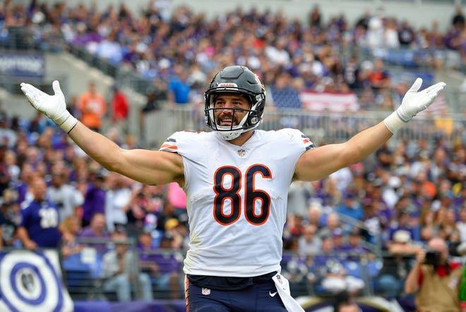 Chicago Bears tight end Zach Miller celebrates after scoring a touchdown in the first half of an NFL football game against the Baltimore Ravens, Sunday, Oct. 15, 2017, in Baltimore. (AP Photo/Nick Wass)