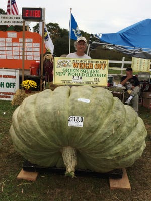 Joe Jutras stands Oct. 7 with his world record breaking, 2,118-pound squash, following a weigh-in at Frerichs Farm in Warren, R.I. [THE ASSOCIATED PRESS]