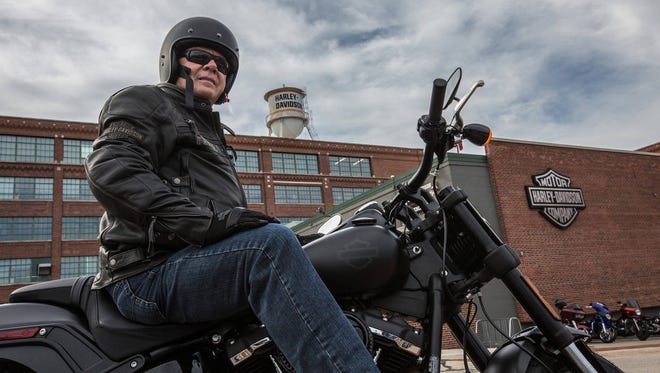 Jody Reinisch, mayor of Ryder, N.D., test rides a 2018 Harley-Davidson Fat Boy at Harley’s headquarters in Milwaukee. Ryder recently became the first town in America where Harley-Davidson attempted to get everyone signed up for motorcycle riding classes that would lead to their bike driving license. About 70% of the town’s eligible residents accepted Harley’s offer. (Nick Roth/Harley-Davidson)