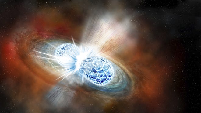 This illustration provided by the Carnegie Institution for Science depicts the collision of two neutron stars detected on Aug. 17, 2017. The explosion threw matter, light, radiation and gravitational waves into space. The discovery was reported on Monday, Oct. 16, 2017. (Robin Dienel/Carnegie Institution for Science via AP)
