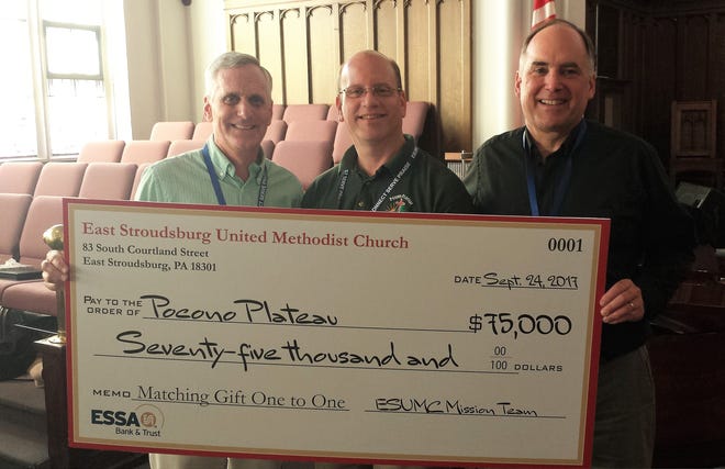 East Stroudsburg United Methodist Church makes donation to Pocono Plateau Camp & Retreat Center. Pictured from left are: Tim Malefyt, missions team member; Ron Schane, director of Pocono Plateau Camp & Retreat Center; and Jim Todd, pastor of ESUMC. [Photo provided]